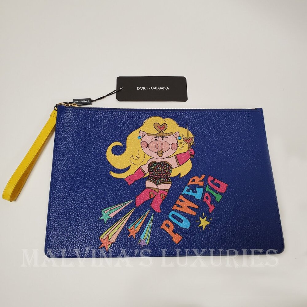 DOLCE & GABBANA BAG POWER PIG BLUE LEATHER POUCH w WRISTLET STRAP - Picture 5 of 12